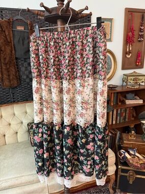 🌹🤍 Vintage Bonjour Sheer Patchwork Floral Prairie Cottagecore Midi Skirt Sz L